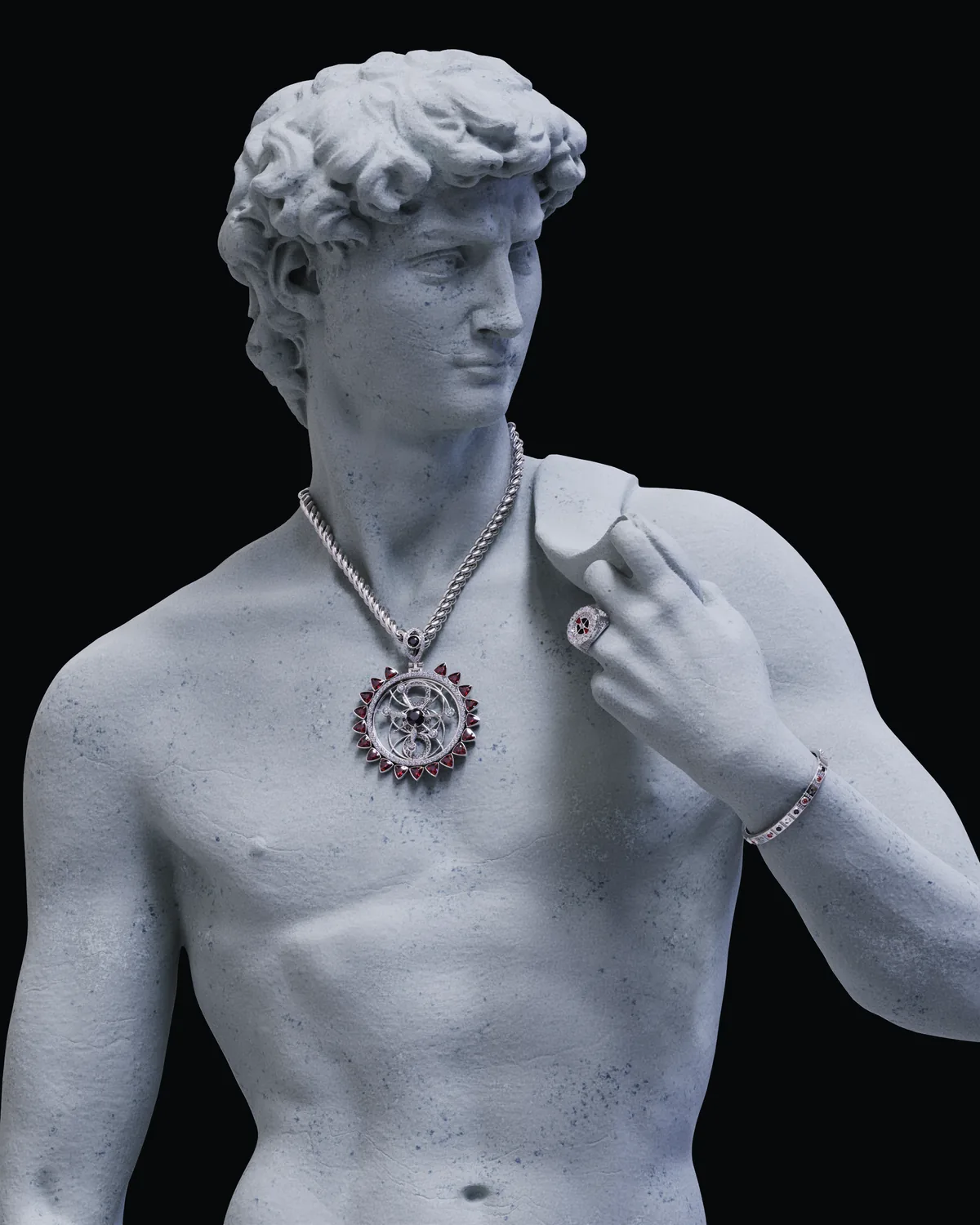 The CryptoJeweler David: a classical bust dressed in diamond chains, the brand's signature render