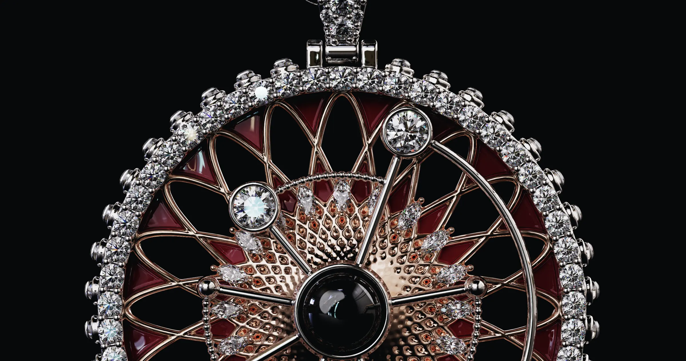 Macro render of a CryptoJeweler pendant: hand-set diamonds around a red enamel face