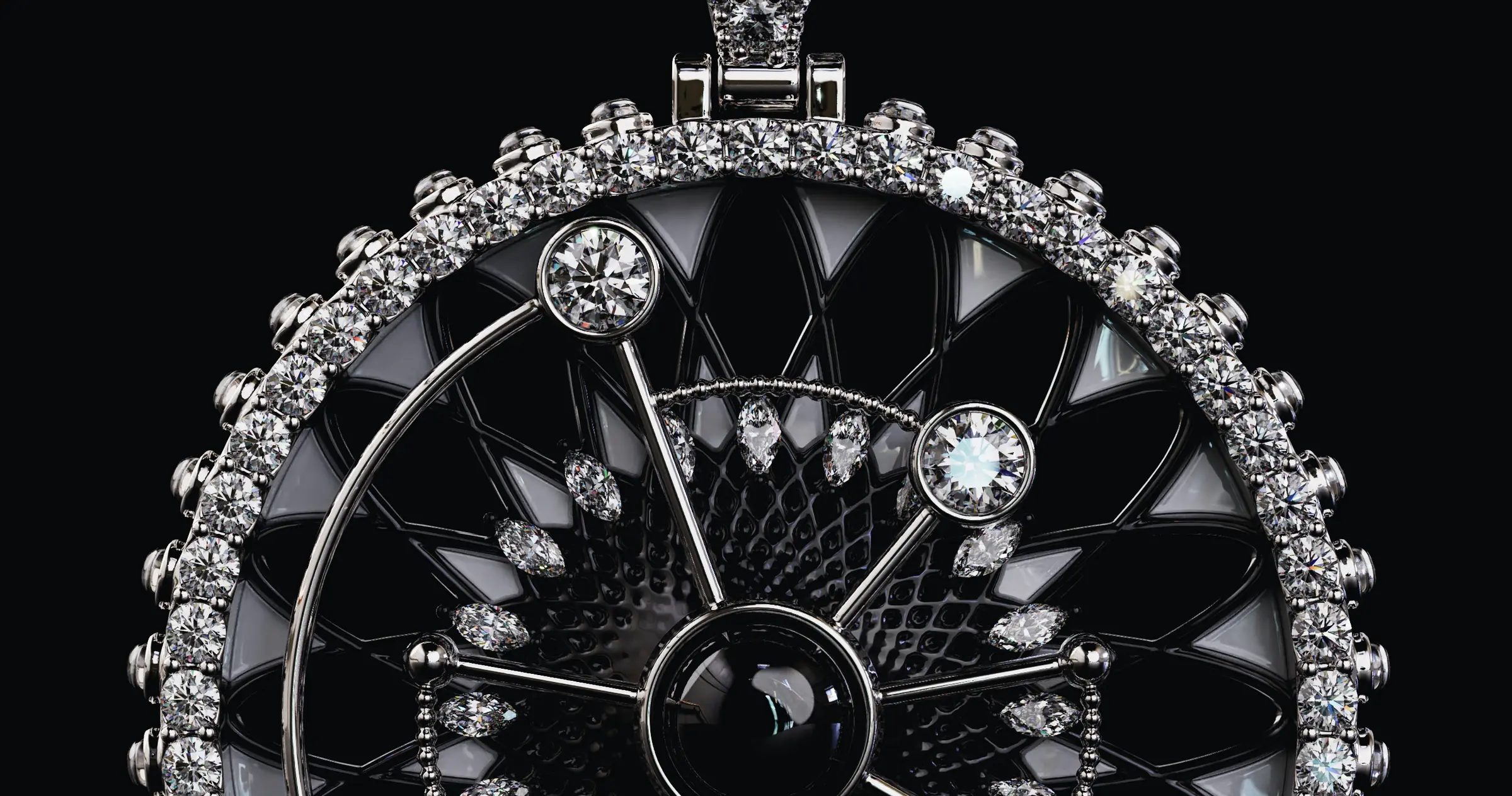 Macro render of hand-set pavé diamonds on a white gold CryptoJeweler piece