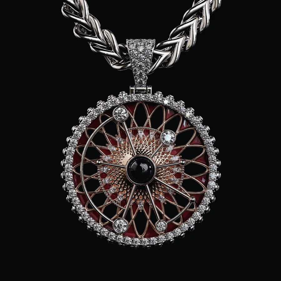 A Chains NFT generative pendant rendered in white gold with pavé diamonds