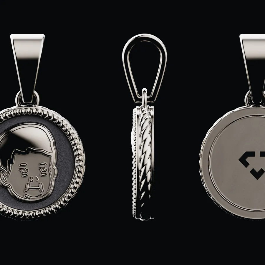Three Hasbulla collection pendants: a portrait medallion, a braided bail and a logo disc