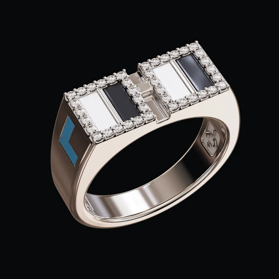 The Nouns Noggle ring in white gold, the glasses set with diamonds and enamel