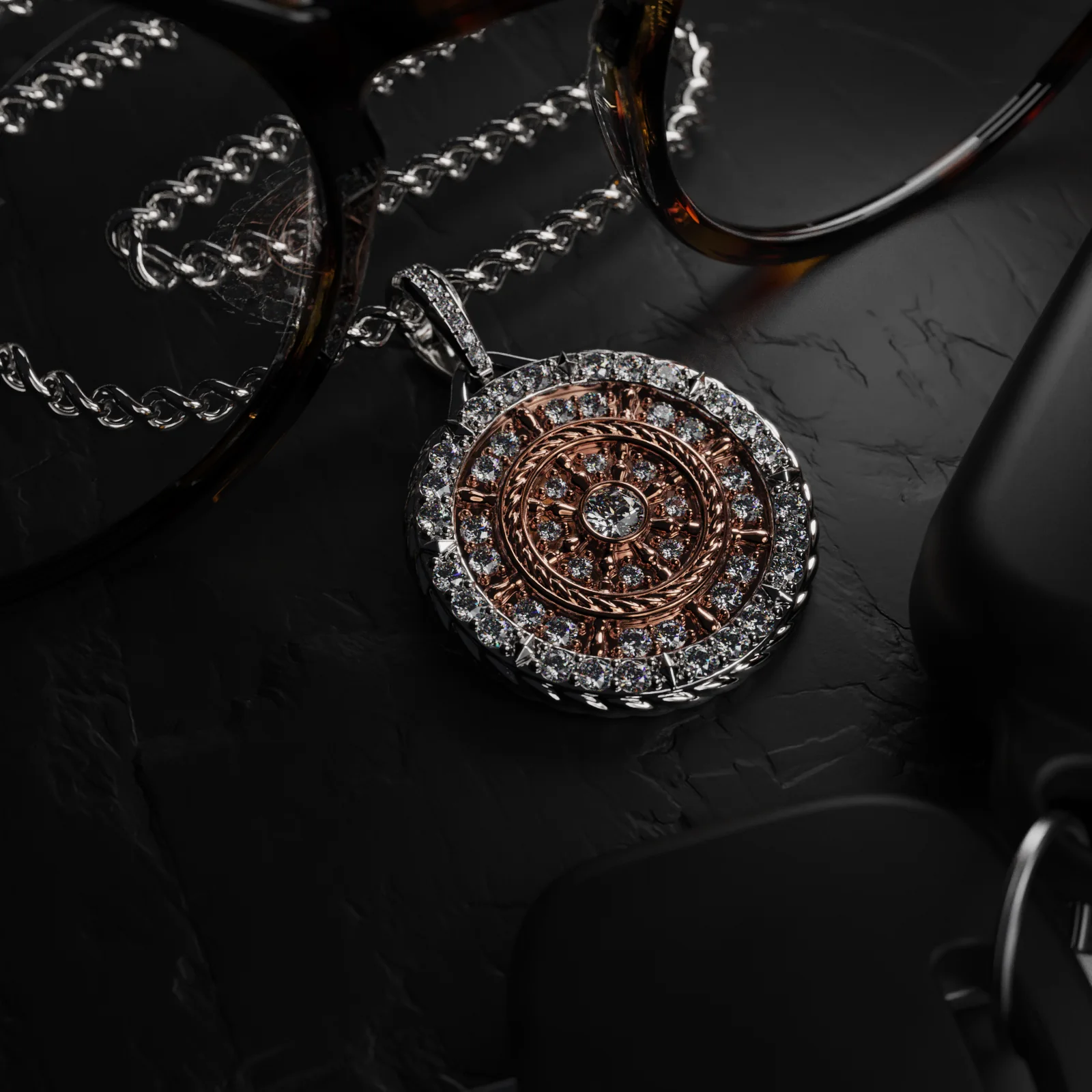 A real rose gold pendant photographed on a dark surface