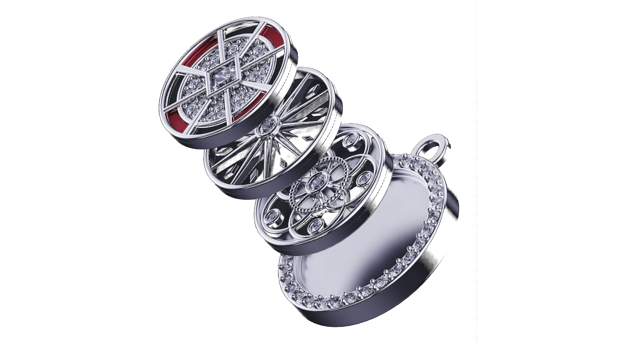 Exploded view of a M3MORIES pendant showing halo, base, bail and centerpiece layers separating