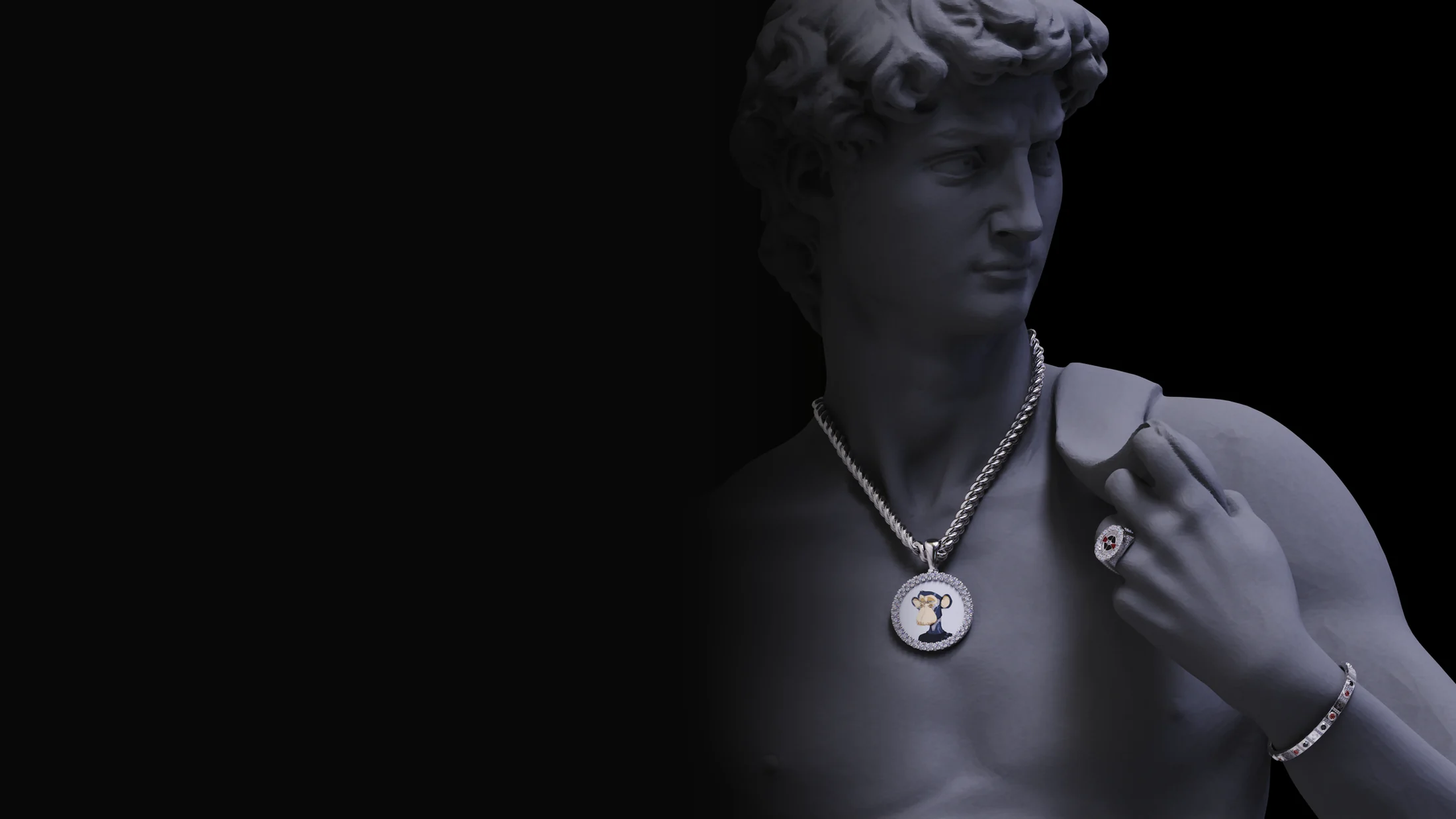 Michelangelo's David wearing a M3MORIES pendant, ring and bracelet