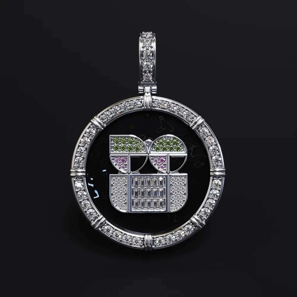 A M3MORIES pendant with a ThreadGuy character set in the centerpiece