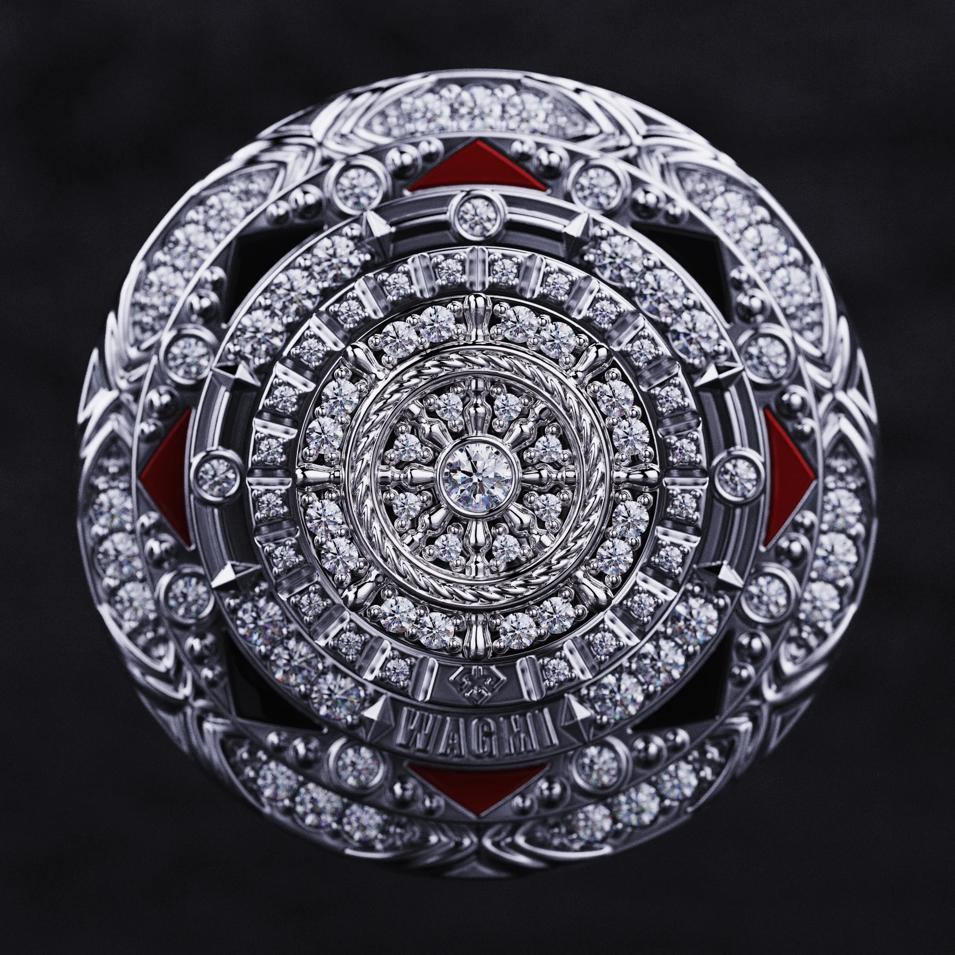 Macro detail of a pavé-set M3MORIES pendant
